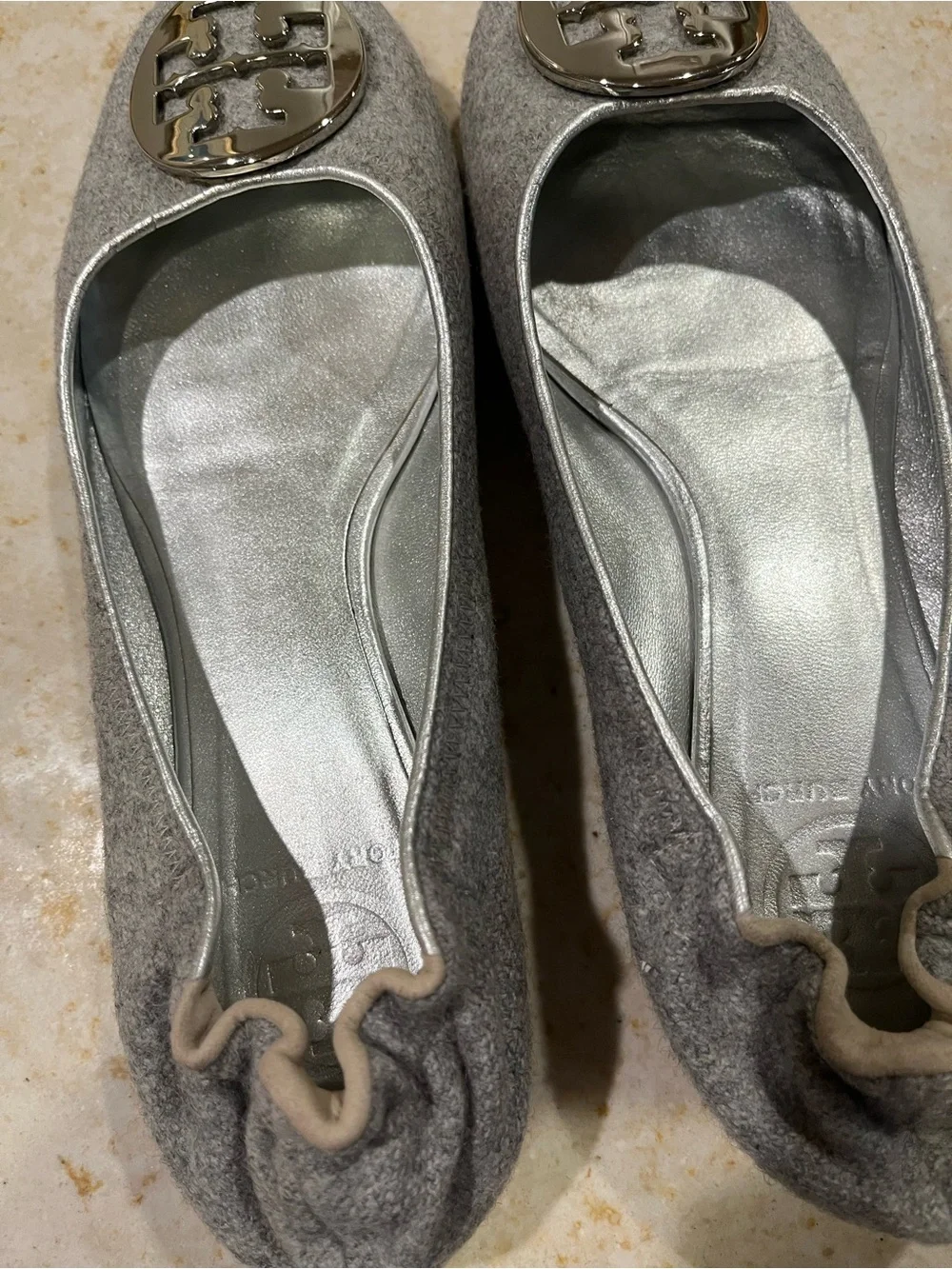 Tory Burch Light Gray Logo Ballet Flats
